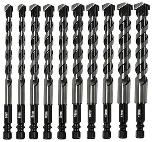 10-teiliges Steinbohrer-Set (1/4 Zoll, 5/16 Zoll, 3/8 Zoll, 1/2 Zoll) – Hartmetallbestückt für Beton, Fliesen, Ziegel, Glas, Keramik, Kunststoff und Holz – Industriestärke, stoßfeste Bohrer für Hammer