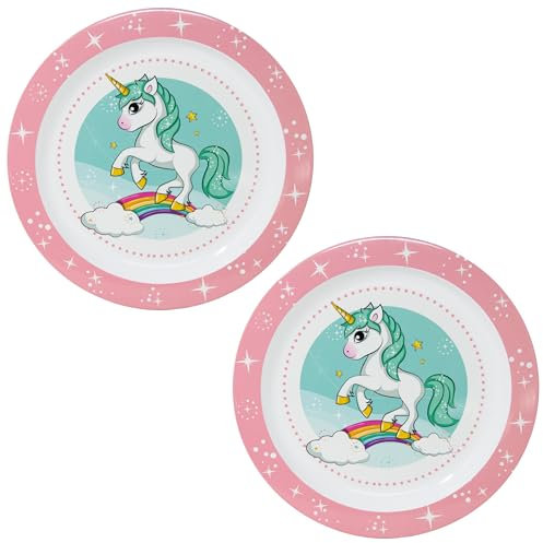 damaloo Einhorn Kinderteller Set 2-teilig – BPA-frei & mikrowellengeeignet – Buntes Kindergeschirr aus Kunststoff – Mehrweg Plastikteller für Kinder – Babyteller Mädchen – Wiederverwendbar