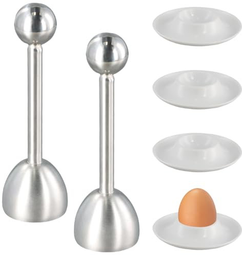 Ziyonix 4 Stück Frühstück Eierhalter Set, Eieröffner mit Kugel Weiss Porzellan Eierständer Eierbecher Keramik mit 2 PCS Eierköpfer Edelstahl für Eier zum Kochen