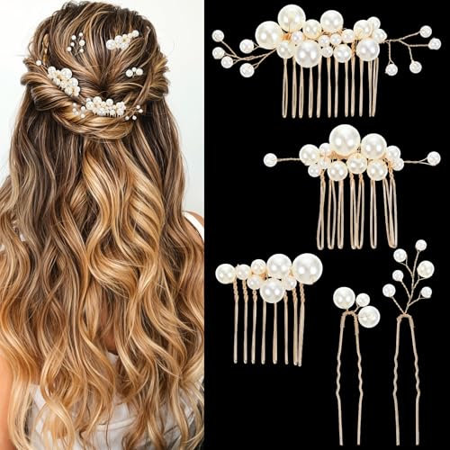 Ouligay 5 Stück Braut Haarschmuck Hochzeit Gold Brautschmuck Haare, Haarschmuck Perlen Haarkamm Braut Kopfschmuck U Form Hochzeit Haarnadeln für Wedding Damen und Frauen