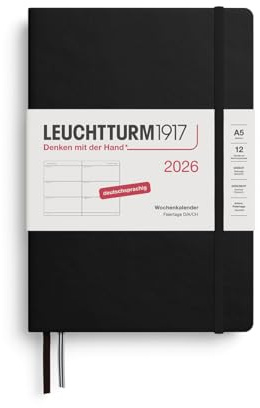 LEUCHTTURM1917 372525 Wochenkalender Medium (A5) 2026, 12 Monate, Schwarz, Deutsch