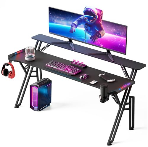 Warmiehomy Gaming Desk with LED Lights 160 x 60cm, Black | RGB Gaming Table with Voice Control Mode and Music Sync. Computer Desk with Headphone Hook, Cup Holder and Mouse Pad.