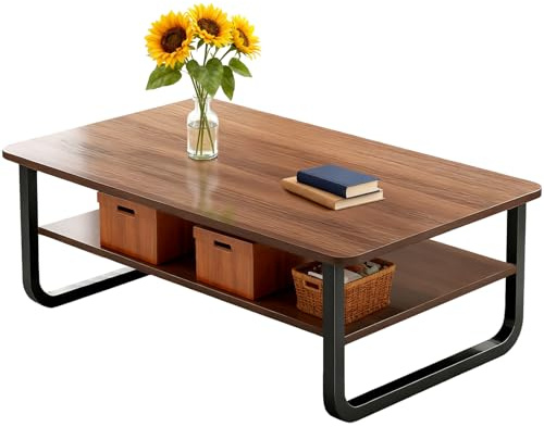 Generisch 2-stufiger Couchtisch aus Walnussholz mit Stauraum, moderner rechteckiger Couchtisch mit U-förmigen Metallbeinen, industrieller Wohnzimmertisch aus Holz und Metall für das Homeoffice