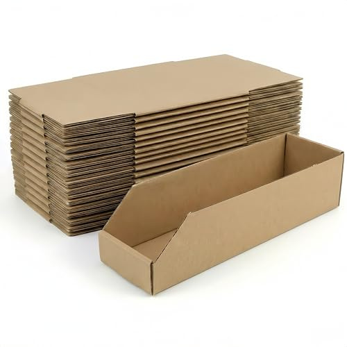 STRBOXONG 20 Stück Sichtlagerkästen Pappe (40x12x10cm) – Extra Stabile Wellpappe Lagerboxen für Werkstatt, Schrauben & Kleinteile – Umweltfreundliche Regalkästen & Ordnungssystem für Lager & Büro