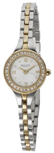 REGENT F-1671 Damenuhr Edelstahl Bicolor mit Kristallen besetzte Lünette 19 mm Quarz
