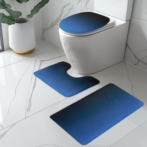 Badteppich Set Gradient Blau Duschvorleger rutschfest Waschbar 3 Teilig Bad Vorleger U-Förmig WC Teppich Toilettendeckelbezug Deko Badezimmer Bath Mat 50x80 cm