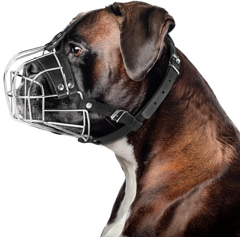 Metall-Maulkorb für große Hunde – Körbchen-Maulkorb mit verstellbaren Lederriemen – Käfig zum Verhindern von Beißen für Hunde mit kurzer Schnauze, Boxer, Bulldogge
