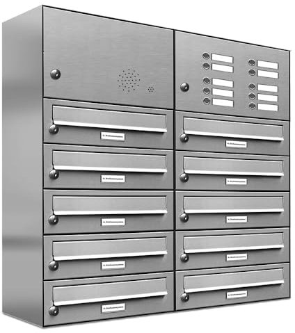 AL Briefkastensysteme 10er Briefkastenanlage mit Klingel, V2A Edelstahl, Premium Briefkasten DIN A4, 10 Fach Postkasten modern Aufputz