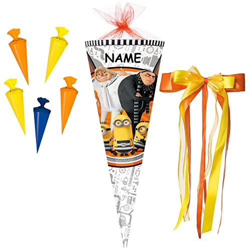 alles-meine.de GmbH Set Schultüte + 5 kleine Zuckertüten - Gru & Dru - Minions - ich einfach unverbesserlich - 70 cm - rund - incl. Name und große Schleife - Filzabschluß -..