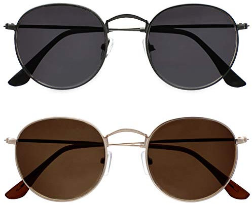 OPULIZE Sol Sonnen Leser Brille 2er Pack Dünner Rand Runde Retro-Metallfassungen Kratzfest Getönte Linse UV400-Schutz Metallgrau Schwarze Gold Braun Herren Damen SS94-79 +1.50