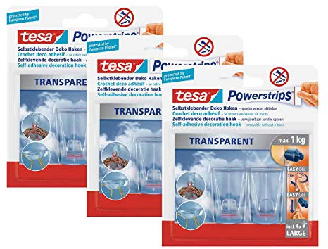 Tesa Powerstrips Deco-Haken, transparent, für max. 1kg, Packung mit 2 Haken (3er Pack/Auf Glas)