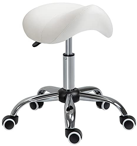 HOMCOM Cosmetic Stool 360° Rotate Height Adjustable Salon Massage Spa Chair Hydraulic Rolling Faux Leather Saddle Stool Mobility, Cream