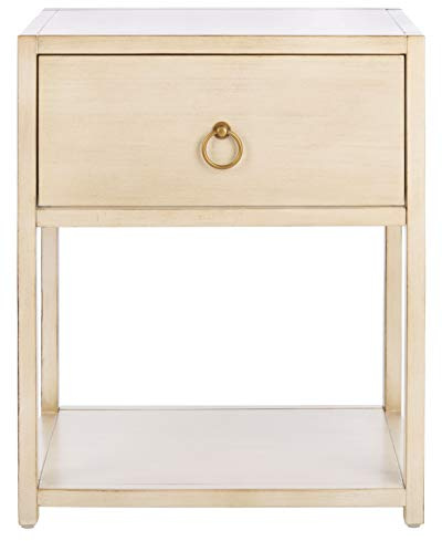 SAFAVIEH Home Collection – Yudi Antique White & Gold 1-Drawer Nightstand with Shelf, Classic Accent Table for Bedroom Storage, Fully Assembled (NST9201B)