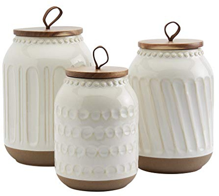 TTU Tabletops Gallery Ceramic Canister Collection- Stoneware Designed Kitchen Storage Embossed Acacia Wood White Set, 3 Piece Embossed Ziggy White Canister Set