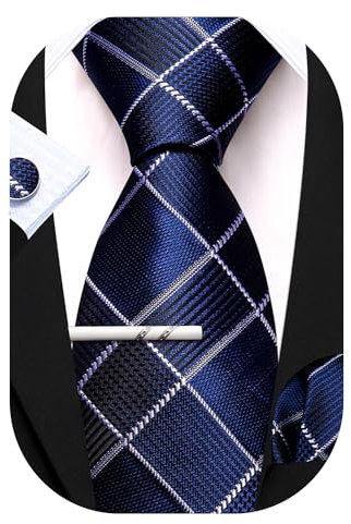 Barry.Wang Herren Seiden-Geschäftskrawatten mit Taschentuch Manschettenknopf-Streifen Plaid-Krawatten-Set Feierliche Hochzeit