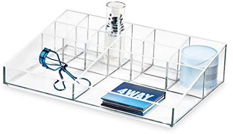 iDesign The Collection Trucchi, Porta pennelli Make up con 13 Scomparti della Collezione Firmata da Sarah Tanno, Portatrucchi plastica per Rossetti e Palette, Trasparente, 30,5 x 20,3 x 7,5 cm