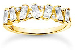 Thomas Sabo vergoldeter Ring mit Zirkonia Steinen im Baguette-Schliff in verschiedenen Fassungen, 750 Vergoldung, 925 Sterlingsilber, Ringgröße 56, TR2346-414-14-56