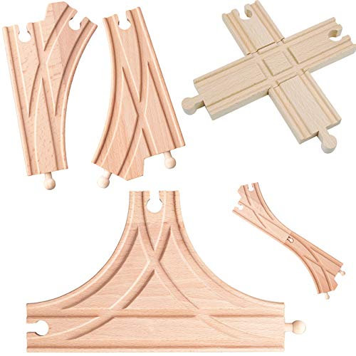 5 Stück Holz - Schienen - T & K - Weichen + 1 Kreuzung - beidseitig - für Eisenbahn/Holzeisenbahn - passend für alle Schienen-Systeme & Straßen - z.B. Bri..