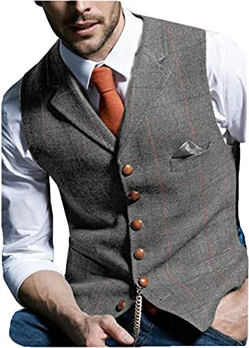 HSLS Herren Retro Frack Weste Plaid Wollweste Lässiger Tweed Fischgrätenmuster für Smoking(XL, Grau)
