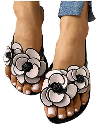 Zilosconcy Sandali da spiaggia scarpe in lino donna eleganti Sexy Infradito con fiori e fiocco Scarpe per la casa Bohemie vestire sport barato scarpe da estate festa casual sandali, nero, 38