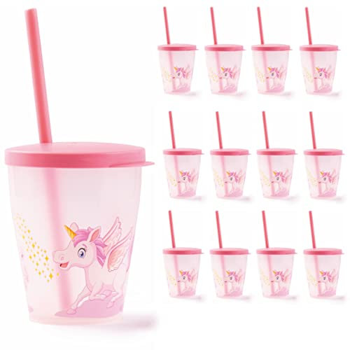 Snips Lot de 12 verres avec paille et couvercle avec décor licorne | 385 ml | BPA Free | Made in Italy