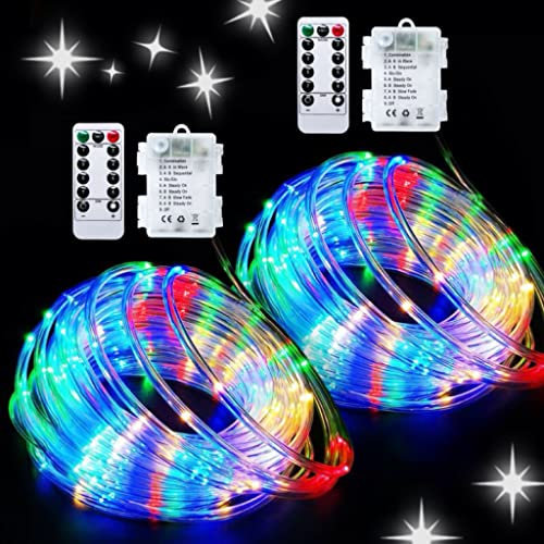 JMEXSUSS 2 Pack Christmas Lights Battery Operated Rope Lights Outdoor Waterproof Total 200LED 8 Modes Battery Powered String Lights with Remote for Car Trampoline Tree Christmas Decor (Multicolor)