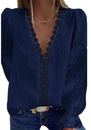 Bipily Chemisier Femme Dentelle Décontracté Col V Élégant Couleur Unie Vintage Manches Longues Casual Dentelle Blouse(Bleu Marin,M)