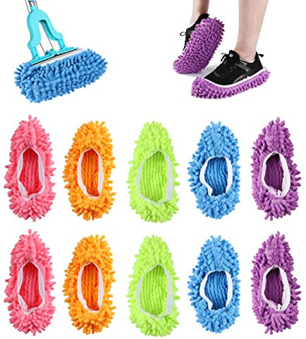 JSMTKJ 5 Paia Mop Slippers, Pantofole di Pulizia Piano Pulizia Scarpe Multi Funzione Ciniglia Fibra Lavabile Pantofole Mop per Bagno Ufficio Cucina Casa Lucidatura Pulizia 5 Colori