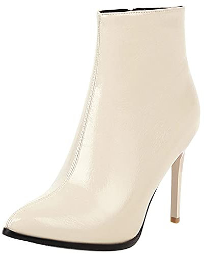 Lizoleor Damen Pointed Toe Stiletto Lack Stiefeletten Reißverschluss Hochzeit Elegant Chelsea Stiefel Bride Party Kleid Schuhe Beige Gr 34 Eu