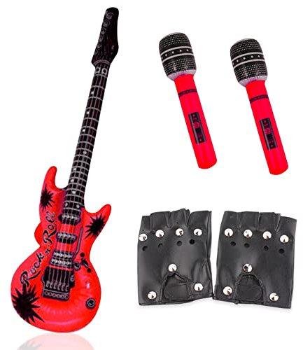 AYNKH 4 Stück Punk Rocker Party Kit, große aufblasbare Gitarre & Mikrofon, schwere Metall-Wipphandschuhe, 80er Jahre Disco Musikinstrument Kostüm Zubehör für Kinder Erwachsene Party