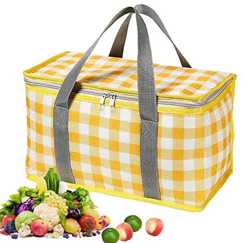 Insulated Picnic Cooler Bag with Zippered Top - Insulated for Hot or Cold, Picnic, Beach, Food Delivery, Outdoor (13.8x7.9x7.9 in) (Yellow)