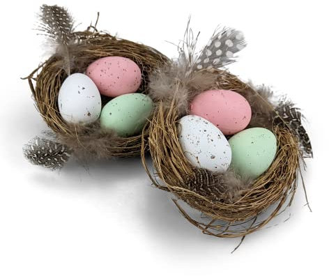 Netuno 2X Deko-Vogelnest mit Eiern 8 cm Osternest mit Kunsteiern Naturnest Nest Frühling Kunststoffeier Styropor Osterdeko Ostern Ostereier im Nest Vogeleier künstlich Vögelnest
