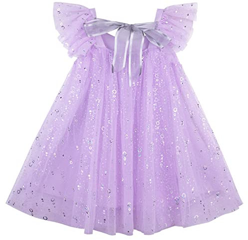 AGQT Robe Élégante en Tulle pour Bébé Fille - Fête, Soirée, Anniversaire, Baptême, Cérémonie - Manche Fly, Été, Paillette, Bouffante, Tutu, Cercle Creux - Multicolore Violet Clair-Argenté - 6-12 Mois