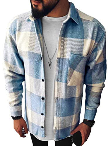 Minetom Chemises Homme Chemises À Carreaux Chemises en Flanelle Manches Longues Chemise Bucheron Carreaux Shirt B Bleu Clair L