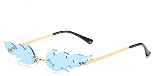 YUELUQU Feuer Flamme Sonnenbrille für Frauen Rimless Party Nette Abschlussball Halloween Gläser Mode Welle Rimless Gläser Für Frauen Männer... (Blau)