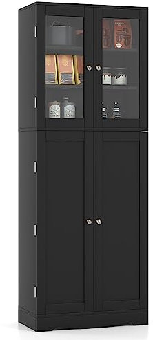 GOPLUS Küchenschrank, Küchenbuffet mit 2 Glastüren und Schrank, Hochschrank, freistehender Aufbewahrungsschrank Hochschrank für Wohnzimmer, Küche (Schwarz)