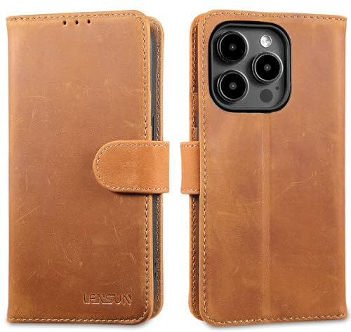 LENSUN Echtleder Hülle für iPhone 15 Pro, Handyhülle [Echtes Leder][Magnetverschluss][RFID] Handytasche Klappbar Lederhülle für iPhone 15 Pro 5G - Vintage Braun