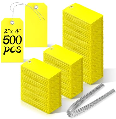 500 Stück Kunststoff-Versandanhänger mit Draht, wasserdicht, strapazierfähig, Etikettieranhänger mit Schnurdrähten für Ausrüstung, Autoteile (Gelb, 2 x 4)