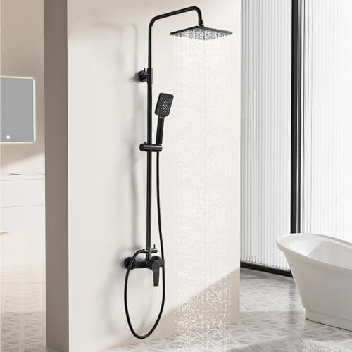 Coleniny Sistema Columna de Ducha Negro, Altura Regulable 80-120cm, Conjunto Completo con Grifo Monomando + Lluvia y Ducha de Mano Cuadrada + Manguera 1.5 m