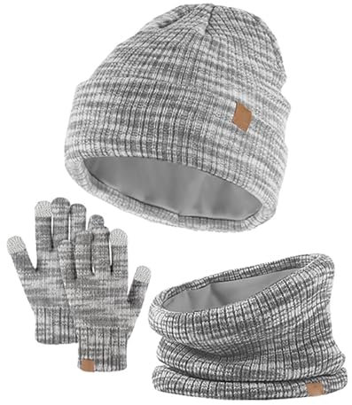 Damen Schal Mütze Handschuhe Set Winter Schal Strickmütze Kombiset Mütze Schal und Handschuh Set Beanie Loop Schal Strickset Gestrickt Geschenkset Winterschal Thermo Handschuhe für Ski 3-in-1 Wint