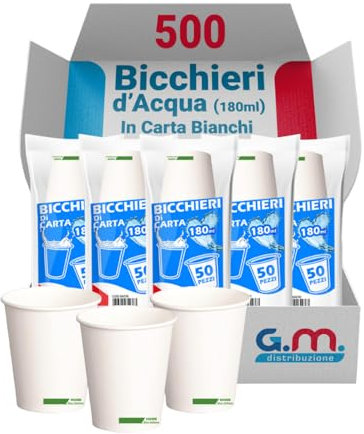 G.M. DISTRIBUZIONE 500 Pezzi Bicchieri Carta Bianchi da 180 ml - Bicchieri Usa e Getta per Acqua - Ideali per Casa, Ufficio, Asporto - Bicchieri di Carta per Bevande Calde e Fredde