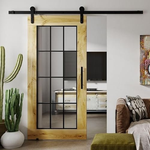 SEART Holzschiebetür in Eiche Szpros (Naturöl), Tür mit Glas, Sprossen, gehärtetes Glas 100x210 cm