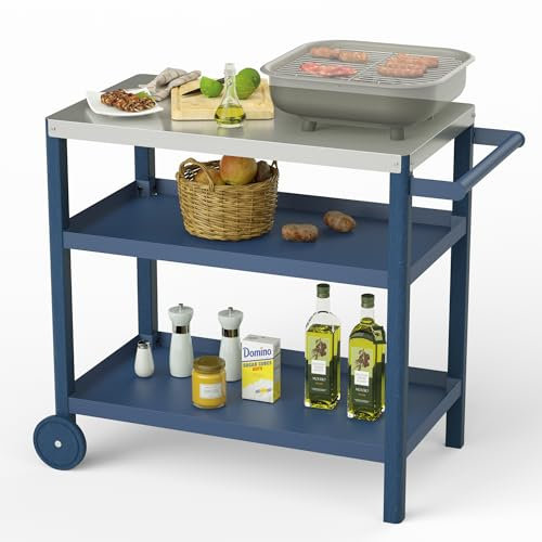 KOVERS Movable Pizza Oven Trolley, Outdoor Food Prep Dining Table Cart with Stainless Steel Metal Top, BBQ Grill Stand for Kitchen Patio Backyard Garden (Navy Blue+Blue)