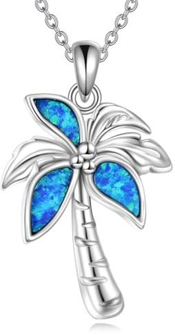 POPLYKE Opal Palm Tree Pendant Necklace 925 Sterling Silver Coconut Tree Necklaces for Women Tropical Hawaiian Beach Jewelry Holiday Birthday Gifts