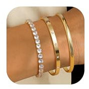 ORAZIO 3 Stück Armband Damen Gold 14K Gold Armbänder Armreif Manschette Tennis Armband Verstellbares Armreifen Set Gold Armband Schmuck für Damen