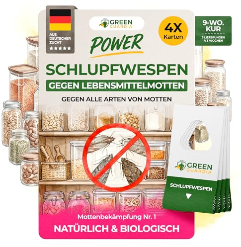 GREEN GUARDIA Schlupfwespen gegen Lebensmittelmotten - 4 Karten à 3 Lieferungen - Effektiv & unweltfreundlich Lebensmittel Motten bekämpfen - Alternative zur Mottenfalle, Mottenspray, Pheromonfalle