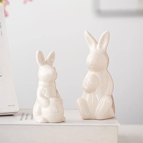 2 Stück Osterhasen Deko Figuren, Osterdeko Porzellan Hasen Deko, Frühlingsdeko Osterhasen Keramik, Osterdeko Tisch Osterhasen Figuren für Frühling Ostern Heimdekoration, Tischdeko (Weiß)