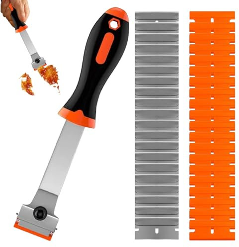 1 Set Glass Scraper,Hob Scraper Tool,Oven Scraper Tool with 20 Metal Blades and 20 Plastic Blades,Oven Scraper Tool Non Scratch,Window Scraper,for Removing Wallpaper Labels,Window Decals,Etc