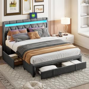 Henunem Polsterbett 140x200 cm mit 4 Stauraum Schublade,Doppelbett, LED Kopfteil mit USB Ladefunktion, Rückenlehne Bett mit Stauraum und Lattenrost, Stauraumbett, Ohne Matratze (Grau-138)