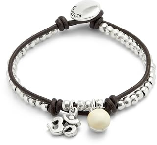 UNOde50 Pulsera Bañada en Plata de Ley con Cuero y Cristal de Murano Marfil | Pulsera de bolas bañada en plata de ley con cuero y cristal Murano marfil, talla M. Diseño artesanal fabricado en España.